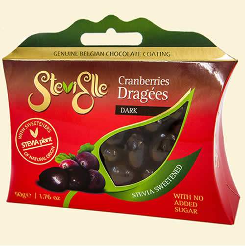 Stevia sweetened genuine belgian dark chocolate coated cranberries, no added sugar
