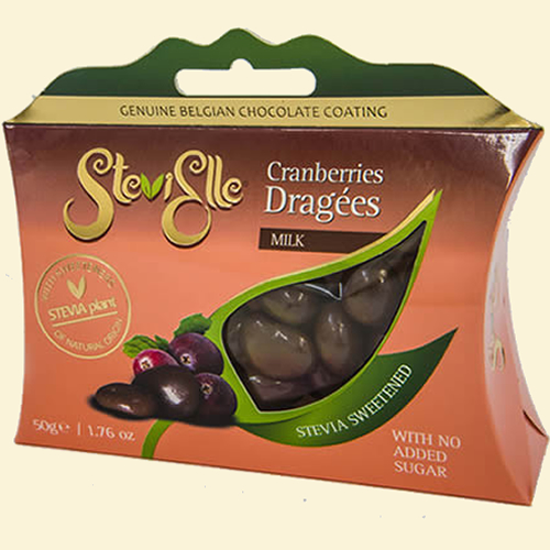 STEVIA sweetened genuine belgian MILK chocolate coated CRANBERRIES